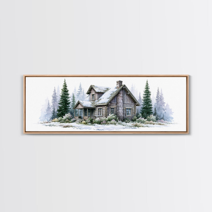 Log Cabin with Snowy Pines Framed Canvas Print, Rustic Art, Wall Decor, Farmhouse Decor, Fine Art, Rustic, Wall Art, Home Decor, RUS-3x1-7