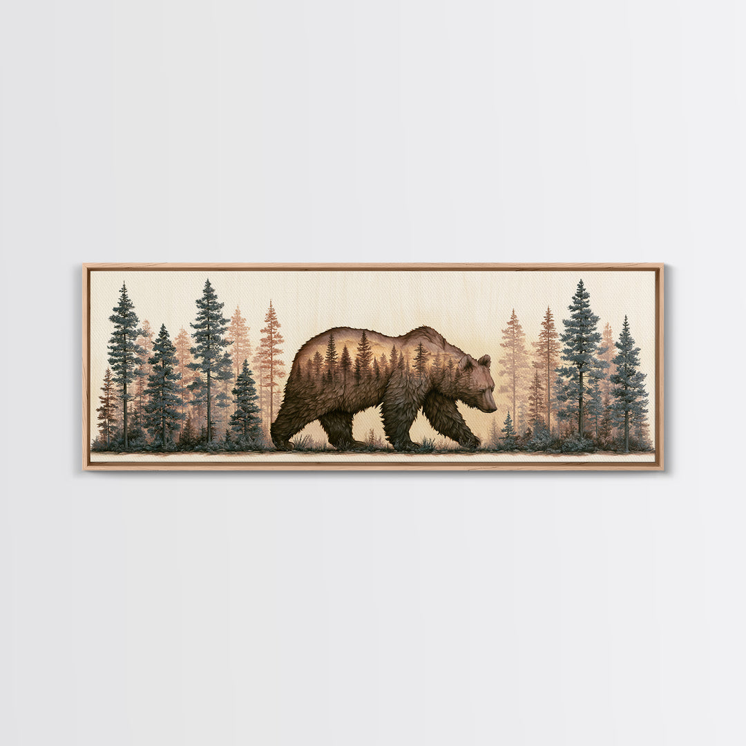Bear Silhouette Among Pine Trees Canvas Print, Rustic Art, Digital Print, Farmhouse Decor, Fine Art, Rustic, Landscape Painting, RUS-3x1-71