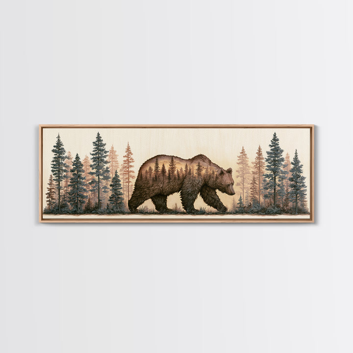 Bear Silhouette Among Pine Trees Canvas Print, Rustic Art, Digital Print, Farmhouse Decor, Fine Art, Rustic, Landscape Painting, RUS-3x1-71