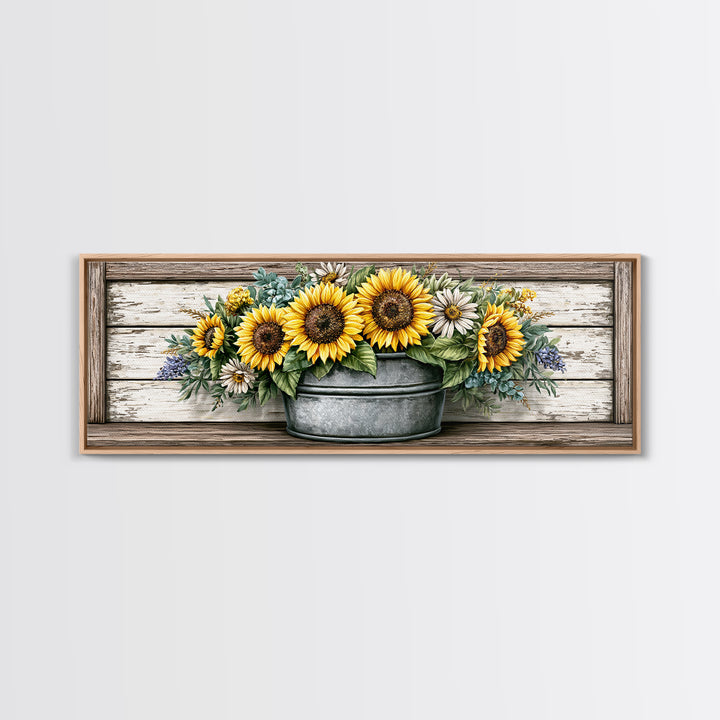 Sunflowers in a Metal Bucket Canvas Print, Rustic Art, Home Decor, Farmhouse Decor, Oil Painting, Rustic, Living Room Decor, RUS-3x1-76