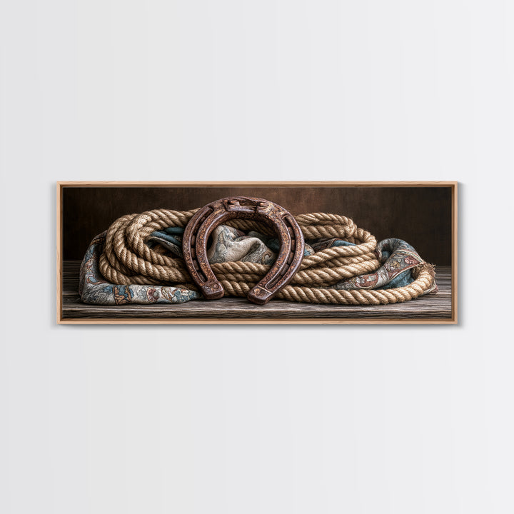 Rusty Horseshoe and Rope Composition Framed Canvas Print, Rustic Art, Modern Art, Farmhouse Decor, Rustic, Neutral Decor, RUS-3x1-77