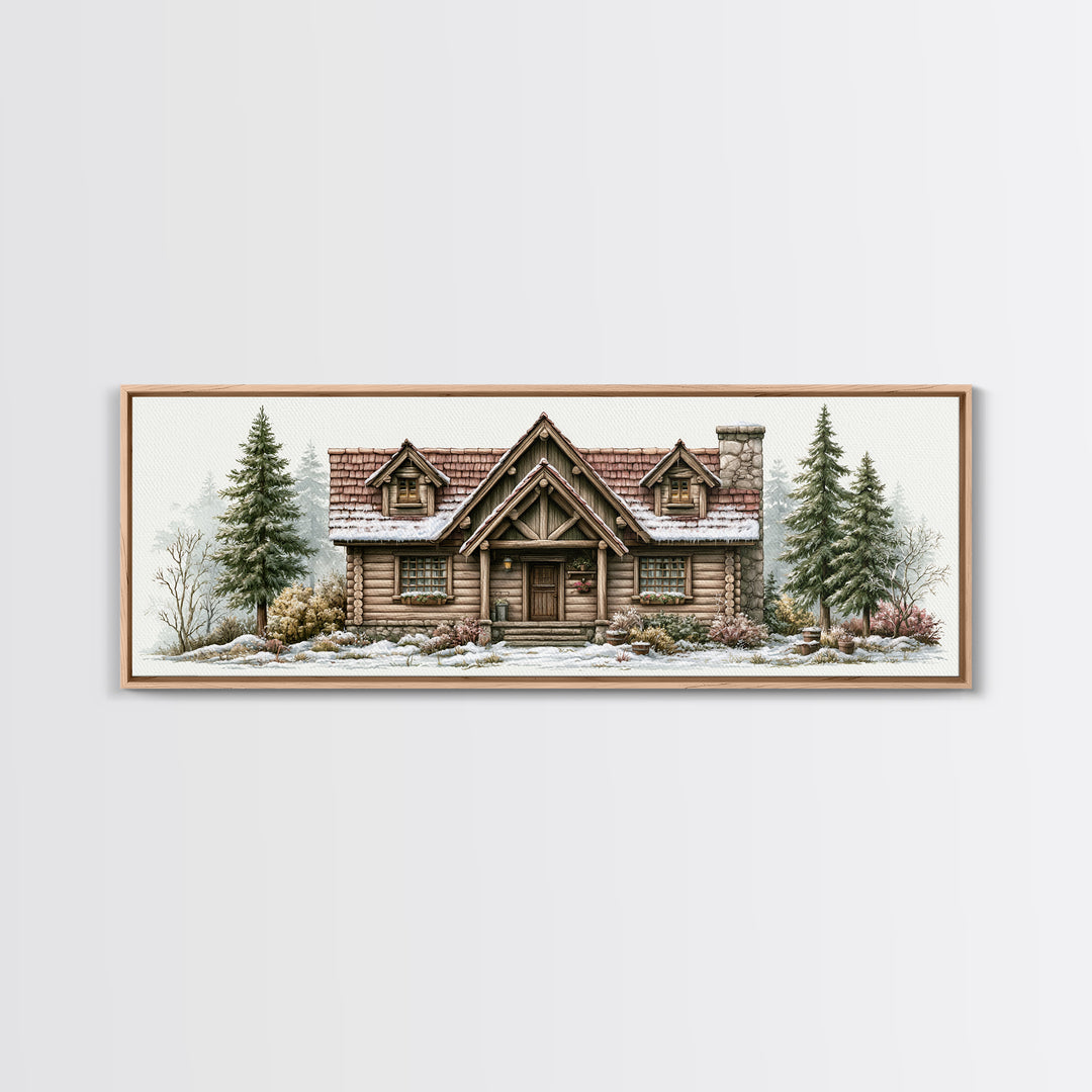 Log Cabin with Snowy Pines Framed Canvas Print, Rustic Art, Printable Art, Farmhouse Decor, Oil Painting, Rustic, RUS-3x1-79