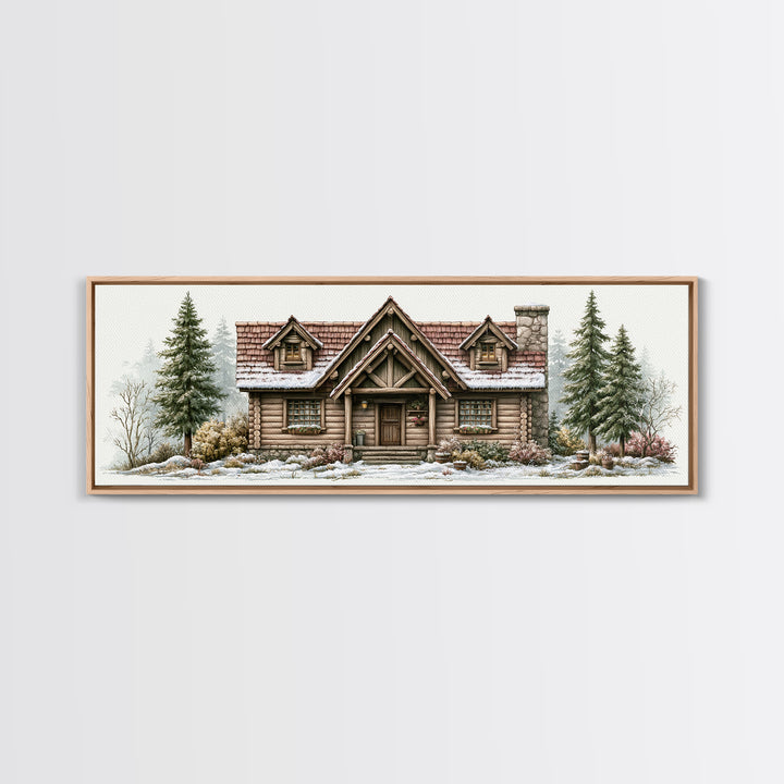 Log Cabin with Snowy Pines Framed Canvas Print, Rustic Art, Printable Art, Farmhouse Decor, Oil Painting, Rustic, RUS-3x1-79