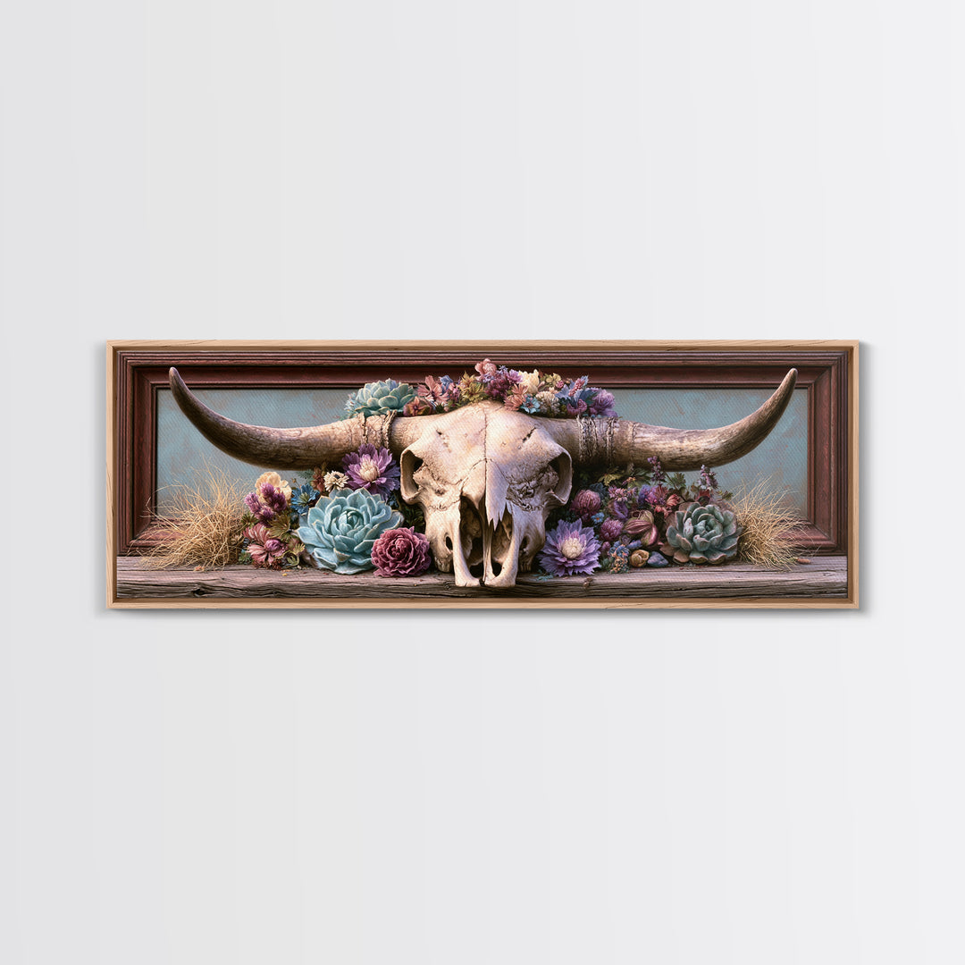 Cow Skull with Desert Flowers Framed Canvas Print, Rustic Art, Landscape Painting, Farmhouse Decor, Watercolor Art, Rustic, RUS-3x1-81