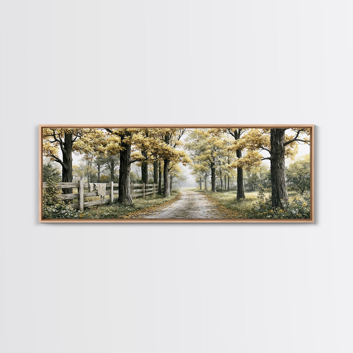 Forest Path with Golden Autumn Leaves Framed Canvas Print, Rustic Art, Farmhouse Decor, Oil Painting, Rustic, Gallery Wall Art, RUS-3x1-82