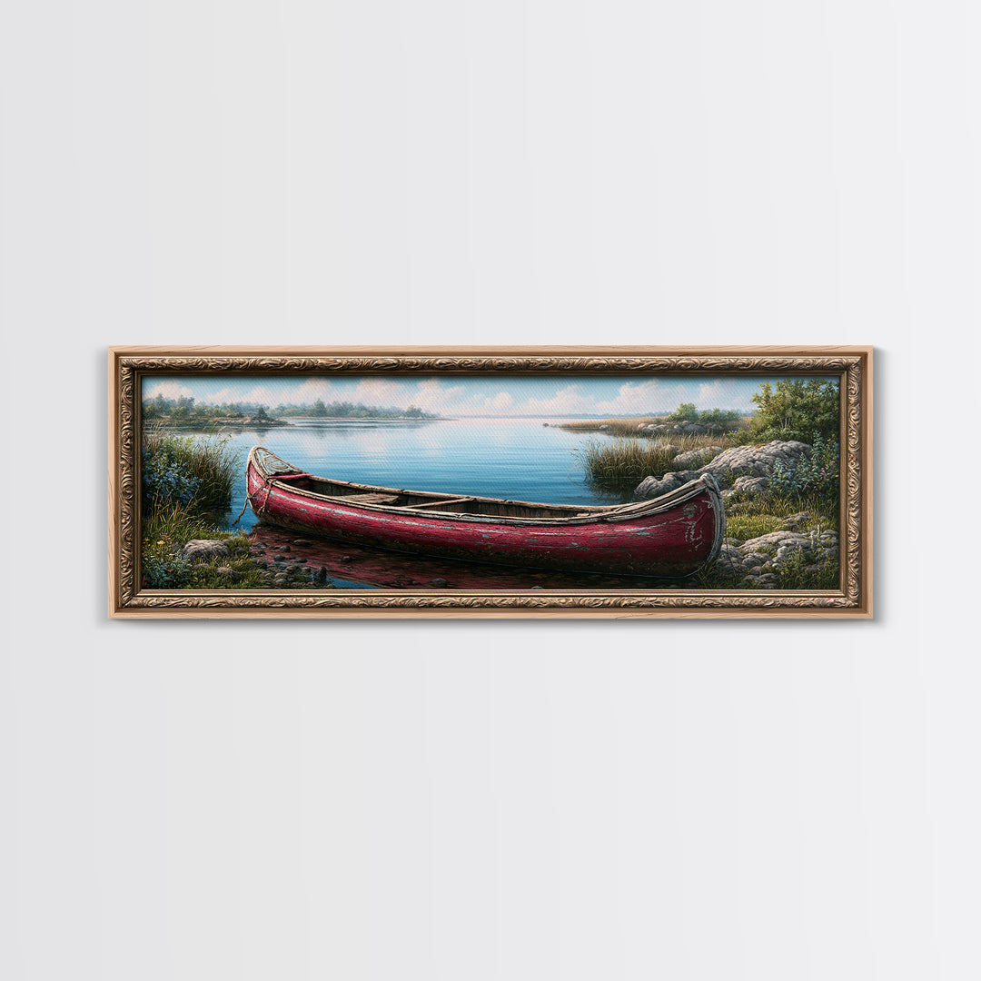 Old Canoe Pulled Onto a Lake Shore Framed Canvas Print, Rustic Art, Painting, Farmhouse Decor, Fine Art, Rustic, Boho Wall Art, RUS-3x1-84