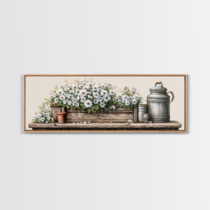 Weathered Barn Wood and Wildflower Still Life Framed Canvas Print, Rustic Art, Living Room Art, Farmhouse Decor, Rustic, RUS-3x1-89