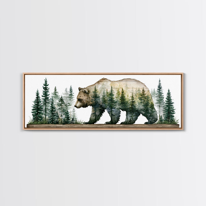 Bear Silhouette Among Pine Trees Canvas Print, Rustic Art, Textured Painting, Farmhouse Decor, Oil Painting, Rustic, RUS-3x1-95