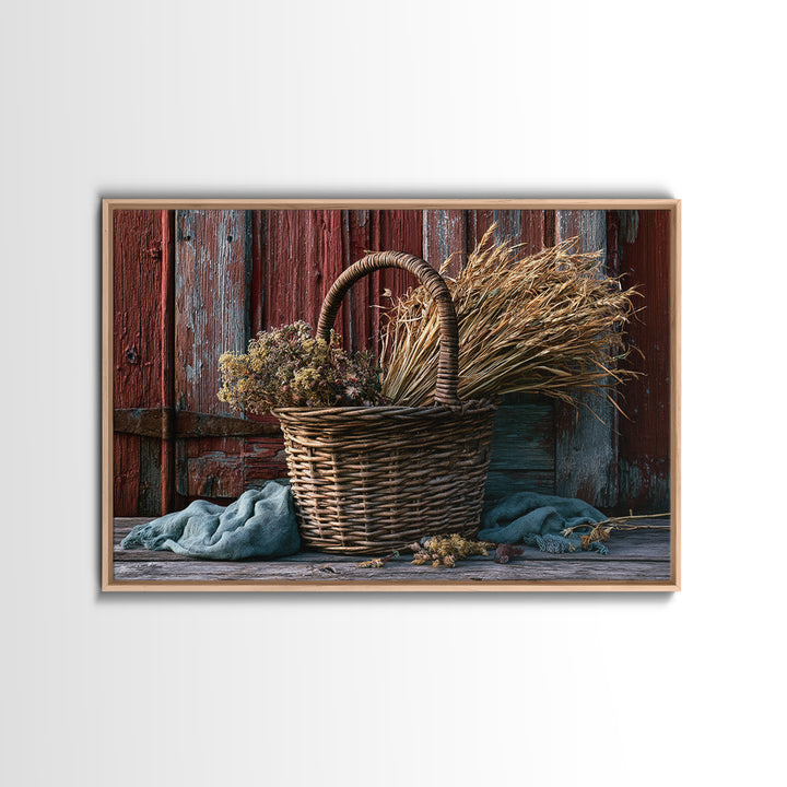 Handwoven Basket with Dried Grasses Framed Canvas Print, Rustic Art, Modern Decor, Farmhouse Decor, Oil Painting, Rustic, RUS-3x2-100