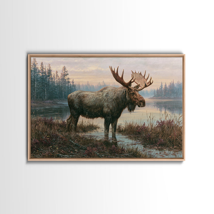 Moose Standing by a Quiet Lake Framed Canvas Print, Rustic Art, Boho Wall Art, Farmhouse Decor, Rustic, Downloadable Art, RUS-3x2-13