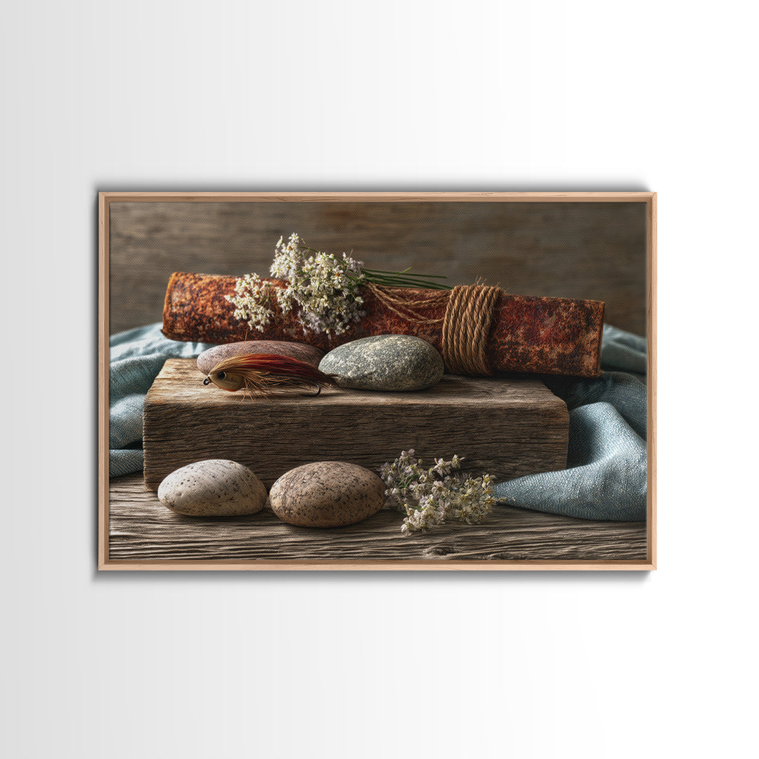 Trout Fishing Lure and River Stones Framed Canvas Print, Rustic Art, Oil Painting, Farmhouse Decor, Fine Art, Rustic, RUS-3x2-18