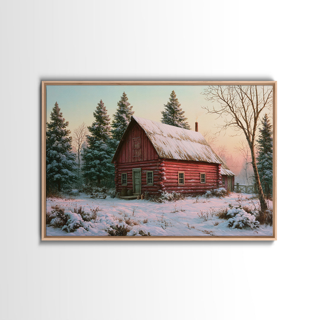 Log Cabin with Snowy Pines Framed Canvas Print, Rustic Art, Farmhouse Wall Art, Farmhouse Decor, Rustic, Statement Artwork, RUS-3x2-19