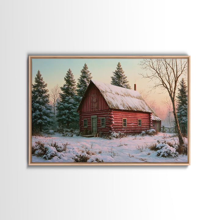 Log Cabin with Snowy Pines Framed Canvas Print, Rustic Art, Farmhouse Wall Art, Farmhouse Decor, Rustic, Statement Artwork, RUS-3x2-19