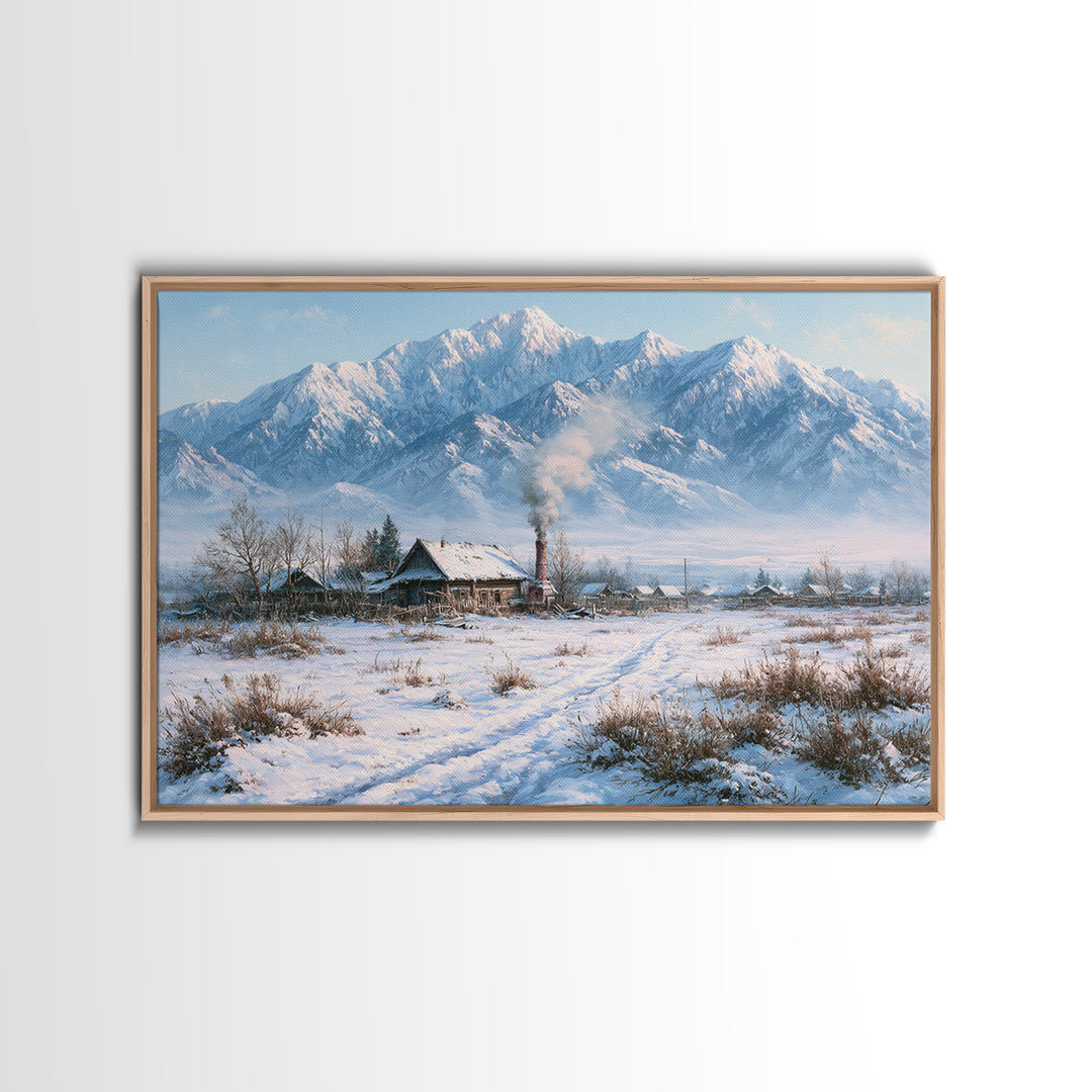 Winter Mountain Scene Framed Canvas Print, Rustic Art, Wood Art, Farmhouse Decor, Fine Art, Rustic, Wall Decor, Neutral Decor, RUS-3x2-27