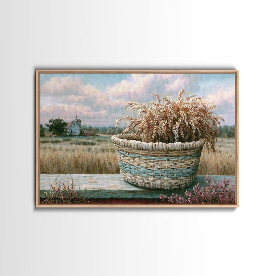 Handwoven Basket with Dried Grasses Framed Canvas Print, Rustic Art, Printable Art, Farmhouse Decor, Fine Art, Rustic, RUS-3x2-28