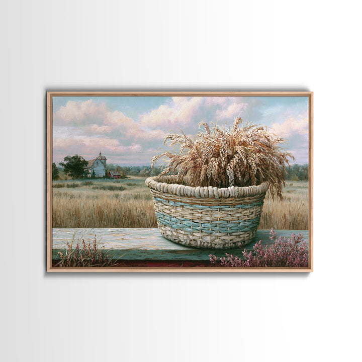 Handwoven Basket with Dried Grasses Framed Canvas Print, Rustic Art, Printable Art, Farmhouse Decor, Fine Art, Rustic, RUS-3x2-28