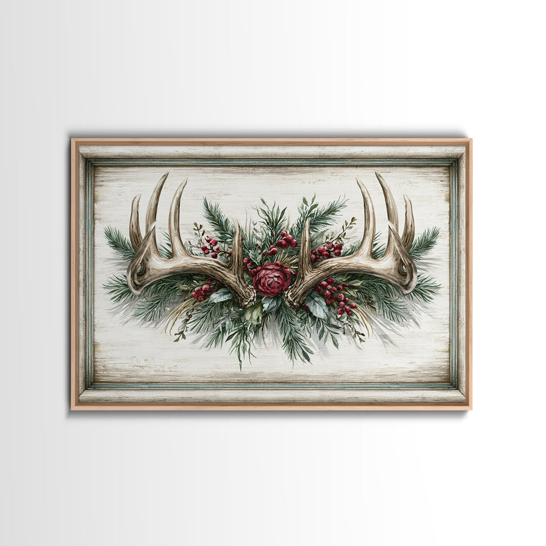 Deer Antlers with Pine Branches and Berries Canvas Print, Rustic Art, 3d Wall Art, Farmhouse Decor, Oil Painting, Rustic, RUS-3x2-30