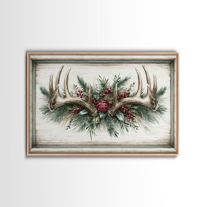 Deer Antlers with Pine Branches and Berries Canvas Print, Rustic Art, 3d Wall Art, Farmhouse Decor, Oil Painting, Rustic, RUS-3x2-30