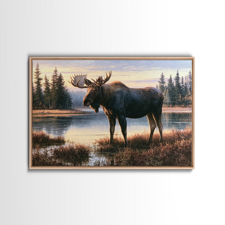 Moose Standing by a Quiet Lake Canvas Print, Rustic Art, Landscape Painting, Farmhouse Decor, Fine Art, Rustic, Modern Decor, RUS-3x2-37