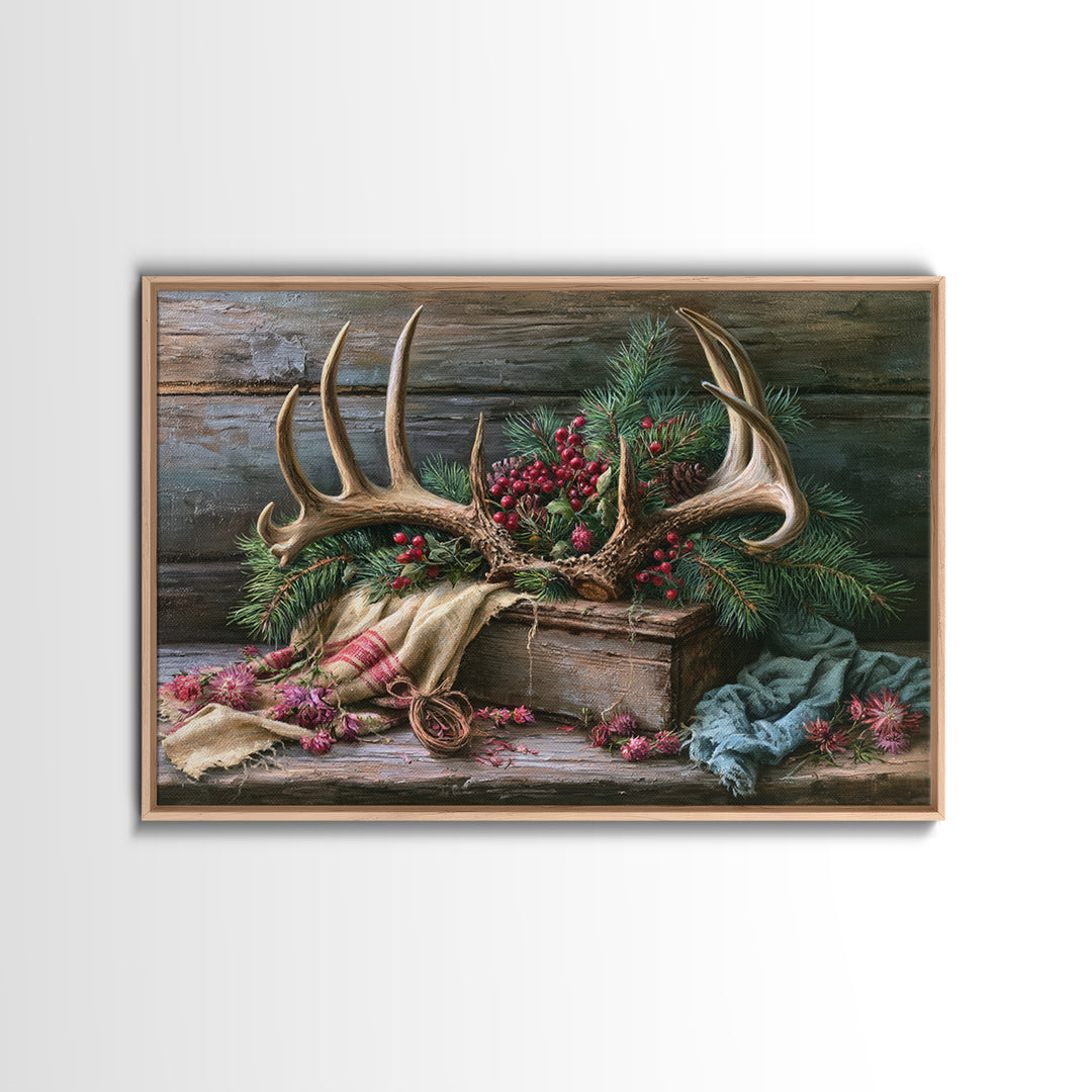 Deer Antlers with Pine Branches and Berries Canvas Print, Rustic Art, 3d Wall Art, Farmhouse Decor, Oil Painting, Rustic, RUS-3x2-54