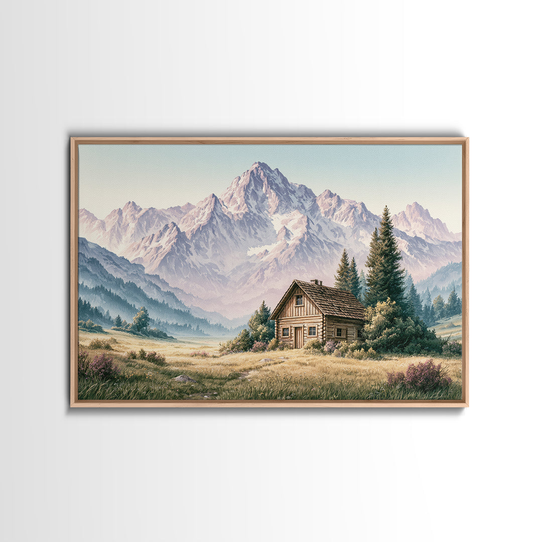 Mountain Cabin Landscape Framed Canvas Print, Rustic Art, Painting, Farmhouse Decor, Fine Art, Rustic, Boho Wall Art, RUS-3x2-55