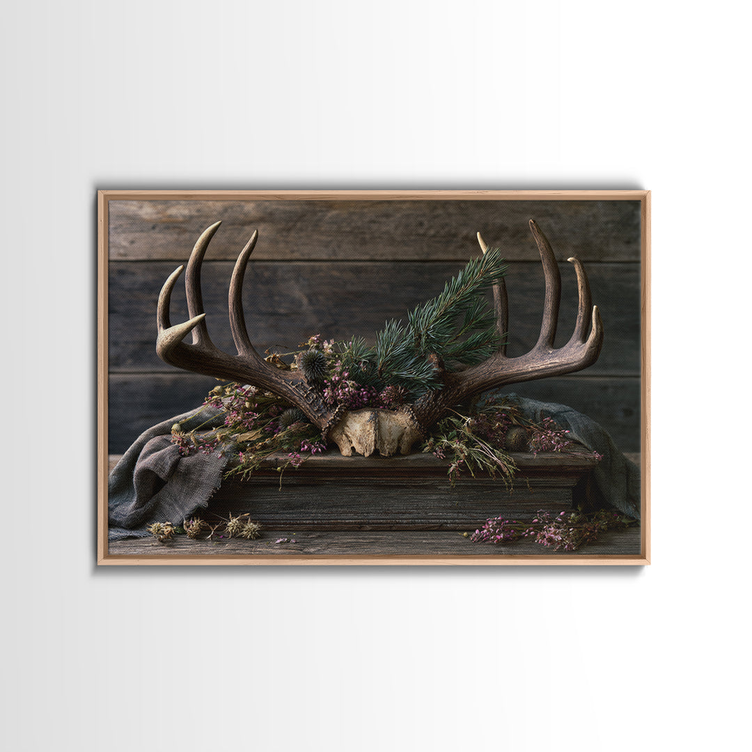 Deer Antlers with Pine Branches and Berries Framed Canvas Print, Rustic Art, Printable Art, Farmhouse Decor, Fine Art, Rustic, RUS-3x2-6