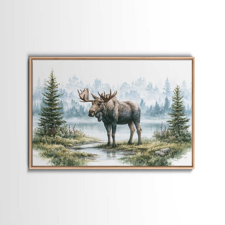 Moose Standing by a Quiet Lake Canvas Print, Rustic Art, Landscape Painting, Farmhouse Decor, Fine Art, Rustic, Modern Decor, RUS-3x2-61