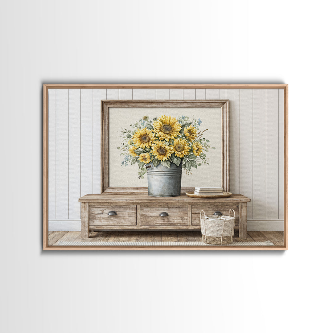 Sunflowers in a Metal Bucket Framed Canvas Print, Rustic Art, Gallery Decor, Farmhouse Decor, Fine Art, Rustic, RUS-3x2-64