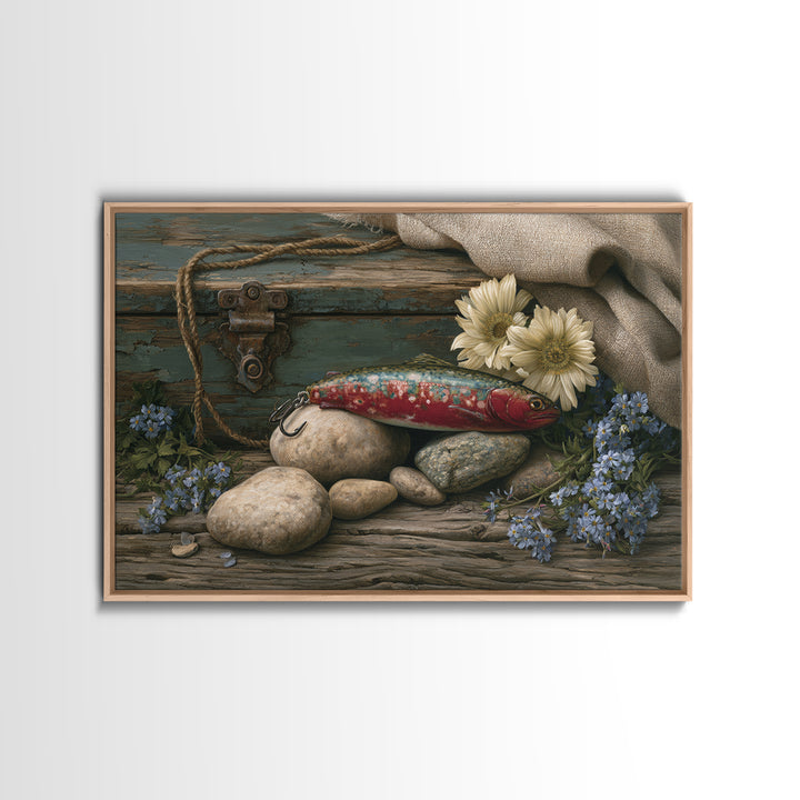 Trout Fishing Lure and River Stones Canvas Print, Rustic Art, Living Room Decor, Farmhouse Decor, Rustic, Landscape Wall Art, RUS-3x2-66