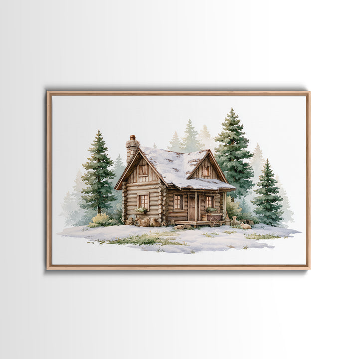 Log Cabin with Snowy Pines Canvas Print, Rustic Art, Textured Painting, Farmhouse Decor, Watercolor Art, Rustic, Digital Print, RUS-3x2-67
