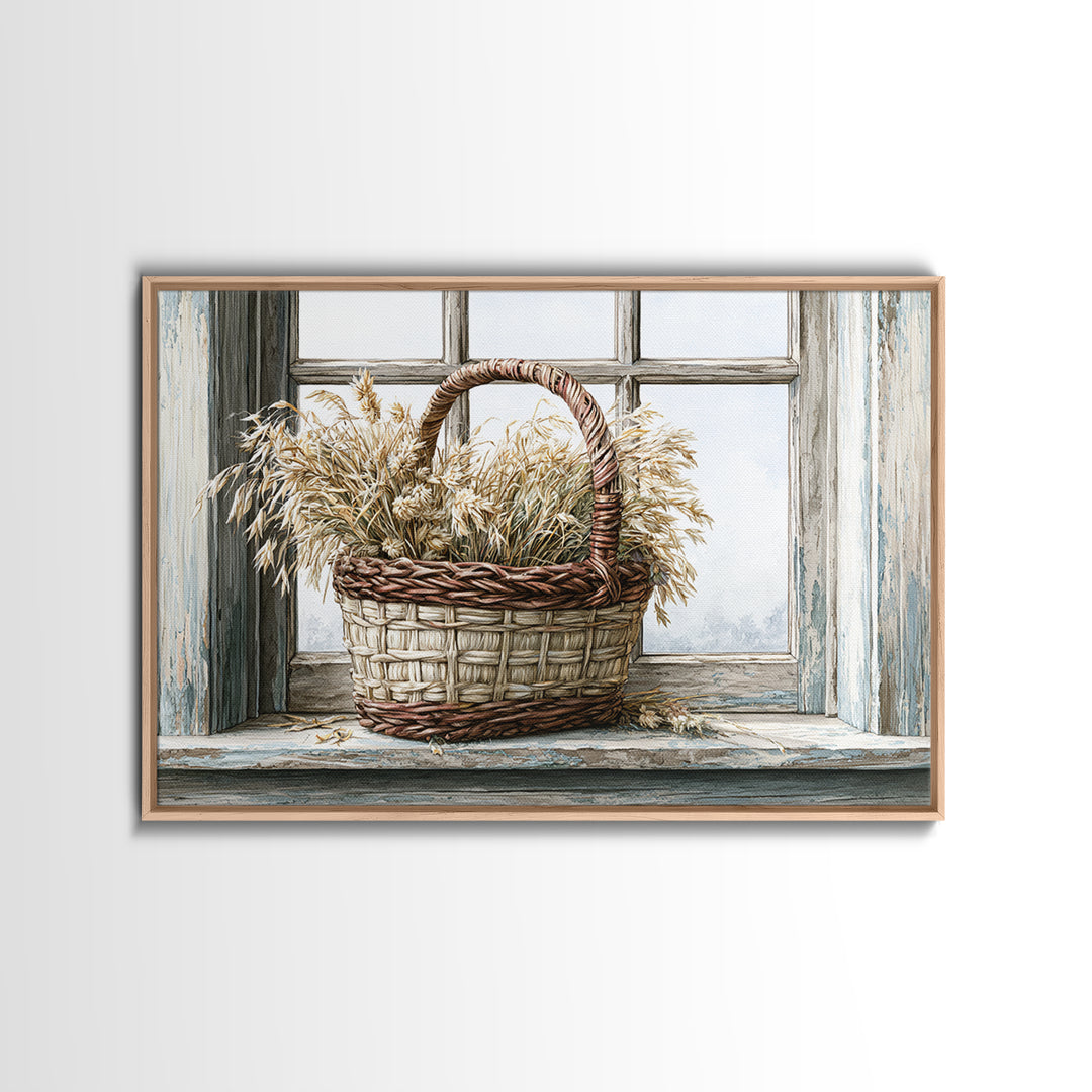 Handwoven Basket with Dried Grasses Canvas Print, Rustic Art, Downloadable Art, Farmhouse Decor, Watercolor Art, Rustic, RUS-3x2-76