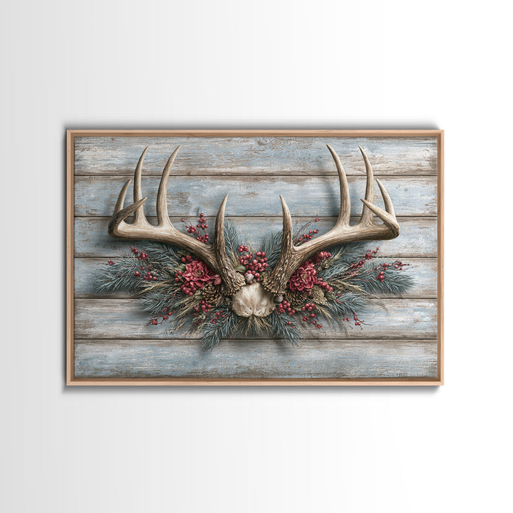 Deer Antlers with Pine Branches and Berries Framed Canvas Print, Rustic Art, Eclectic Wall Art, Farmhouse Decor, Watercolor Art, RUS-3x2-78