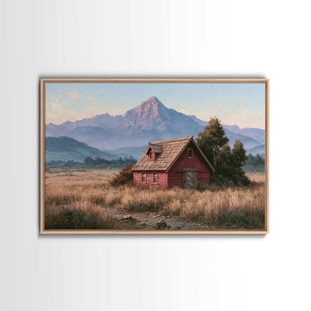 Mountain Cabin Landscape Framed Canvas Print, Rustic Art, Landscape Wall Art, Farmhouse Decor, Fine Art, Rustic, Luxury Decor, RUS-3x2-79