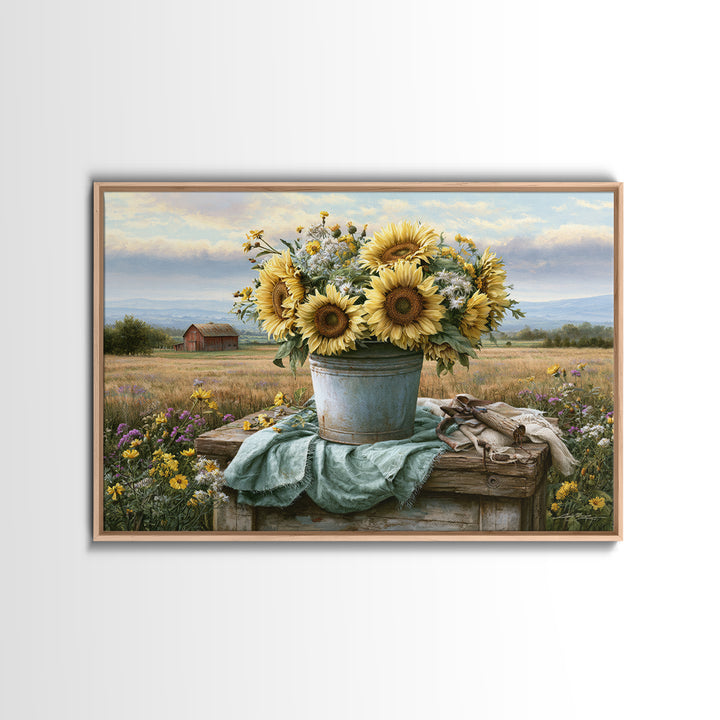 Sunflowers in a Metal Bucket Canvas Print, Rustic Art, Boho Decor, Farmhouse Decor, Oil Painting, Rustic, Digital Art, RUS-3x2-88