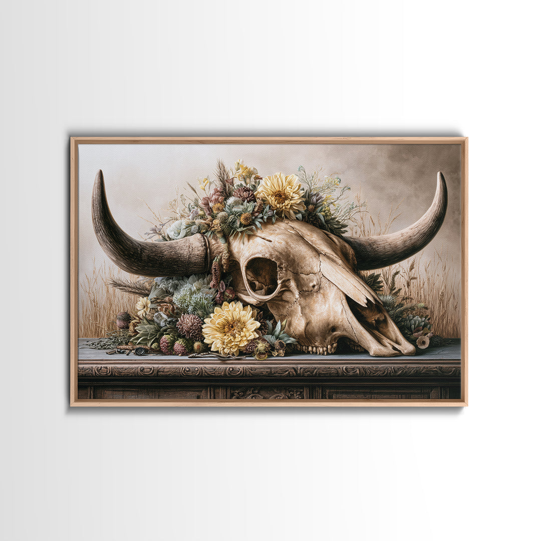 Cow Skull with Desert Flowers Canvas Print, Rustic Art, Living Room Art, Farmhouse Decor, Oil Painting, Rustic, RUS-3x2-93