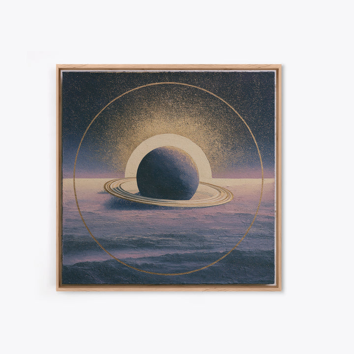 Ringed Planet Rising Framed Canvas Print, Space Art, Retro Wall Art, Spa Decor, Oil Painting, Serenity, Textured Painting, SAR-1x1-2