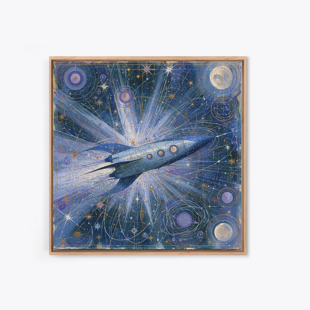 Rocket Ship Crossing a Retro Star Field Framed Canvas Print, Space Art, Fine Art Print, Spa Decor, Watercolor Art, Serenity, SAR-1x1-34