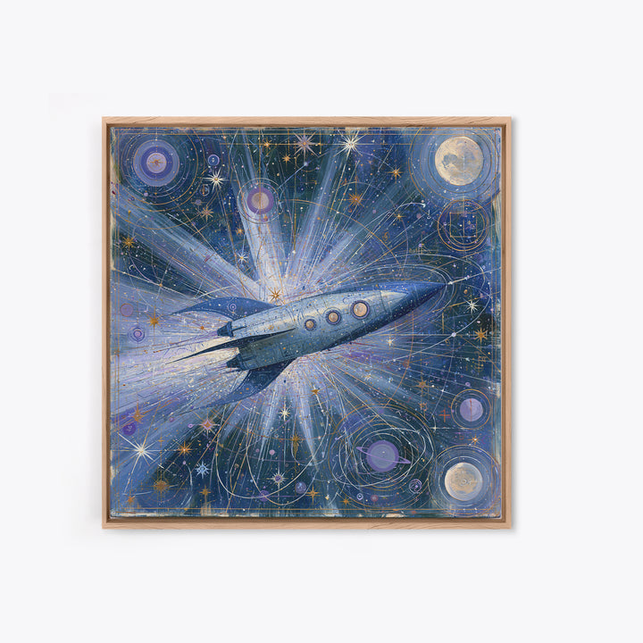Rocket Ship Crossing a Retro Star Field Framed Canvas Print, Space Art, Fine Art Print, Spa Decor, Watercolor Art, Serenity, SAR-1x1-34