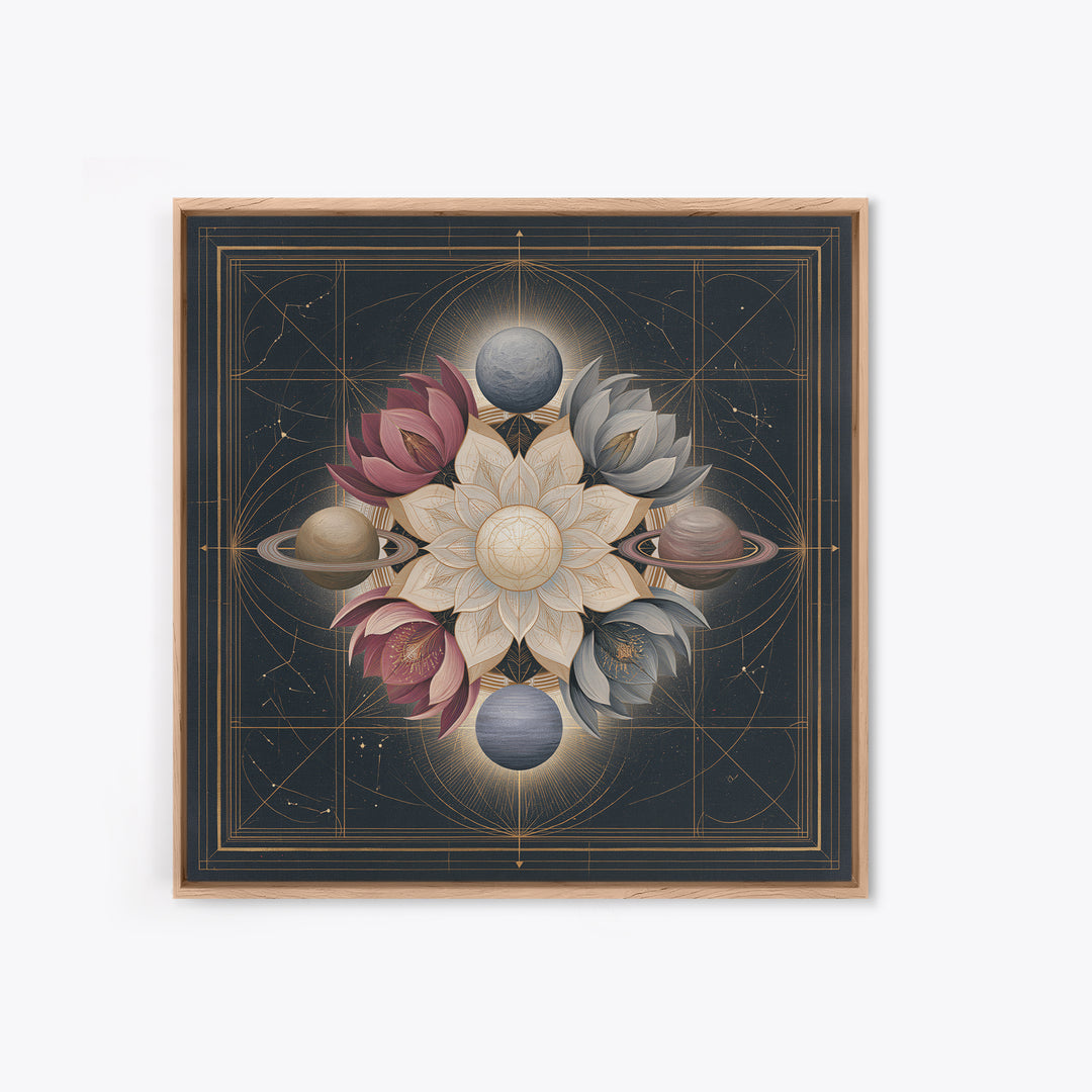 Cosmic Garden with Planets as Flowers Framed Canvas Print, Space Art, Contemporary Art, Spa Decor, Fine Art, Serenity, SAR-1x1-61