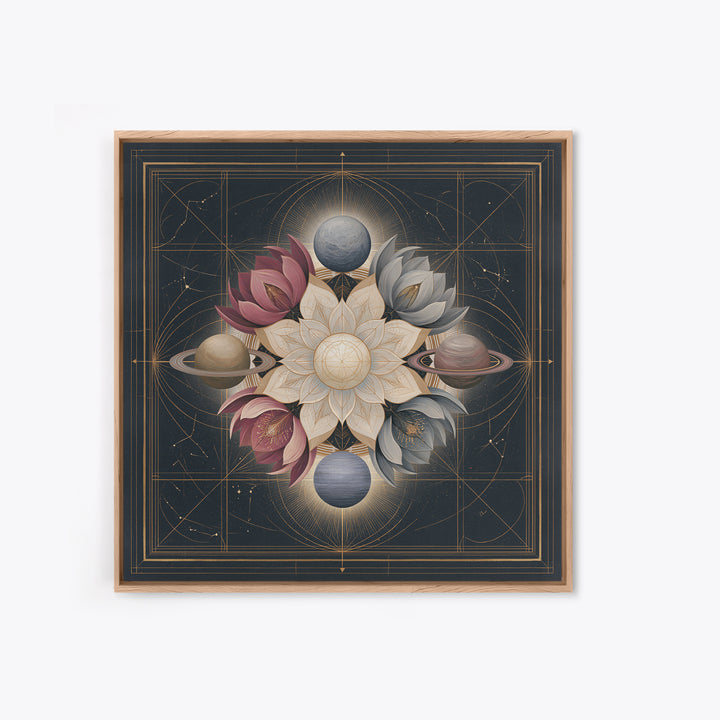 Cosmic Garden with Planets as Flowers Framed Canvas Print, Space Art, Contemporary Art, Spa Decor, Fine Art, Serenity, SAR-1x1-61