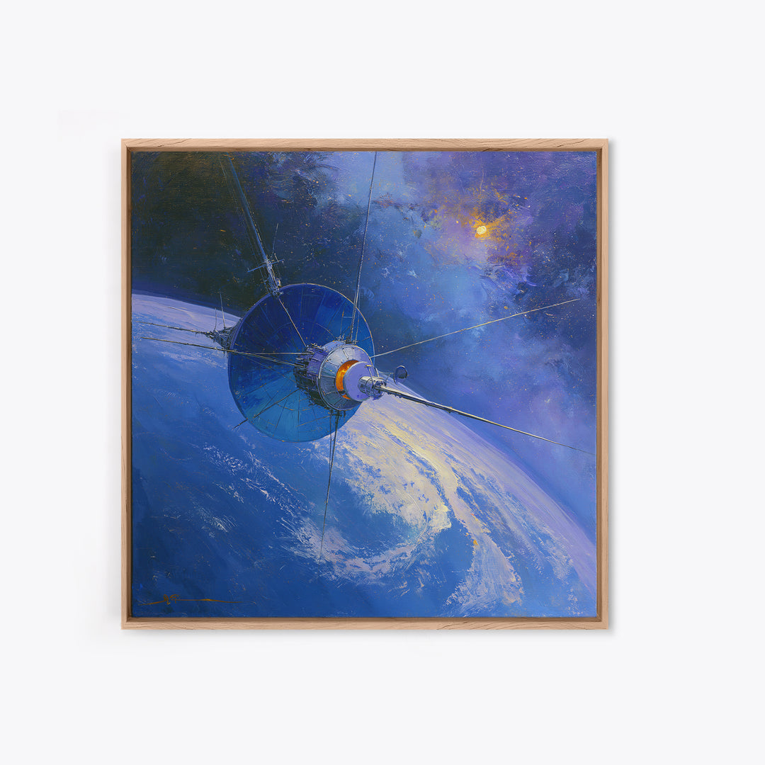 Satellite Orbiting Above Blue Planet Framed Canvas Print, Space Art, Retro Wall Art, Spa Decor, Abstract Art, Serenity, SAR-1x1-84