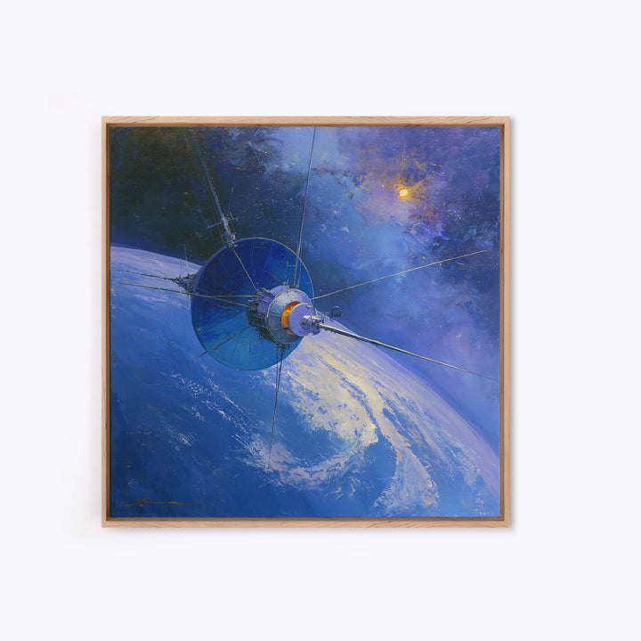 Satellite Orbiting Above Blue Planet Framed Canvas Print, Space Art, Retro Wall Art, Spa Decor, Abstract Art, Serenity, SAR-1x1-84