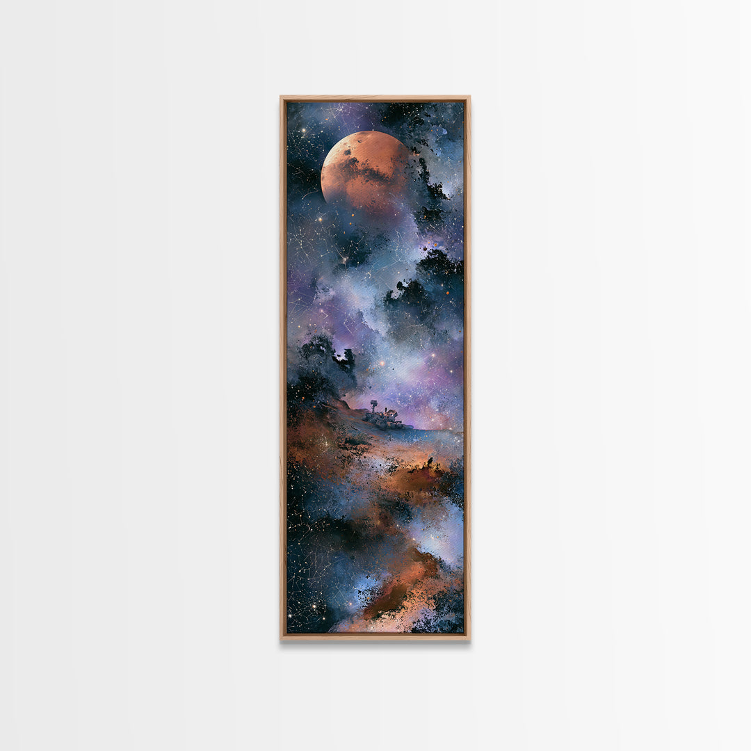 Mars Landscape with Tiny Rover Silhouette Framed Canvas Print, Space Art, Room Decor, Spa Decor, Serenity, Printable Art, SAR-1x3-45