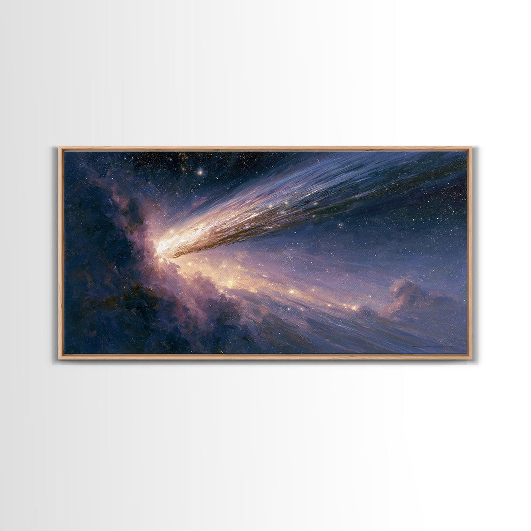 Comet Streaking Through Violet Darkness Canvas Print, Space Art, Poster, Spa Decor, Abstract Art, Serenity, Oil Painting, SAR-2x1-2