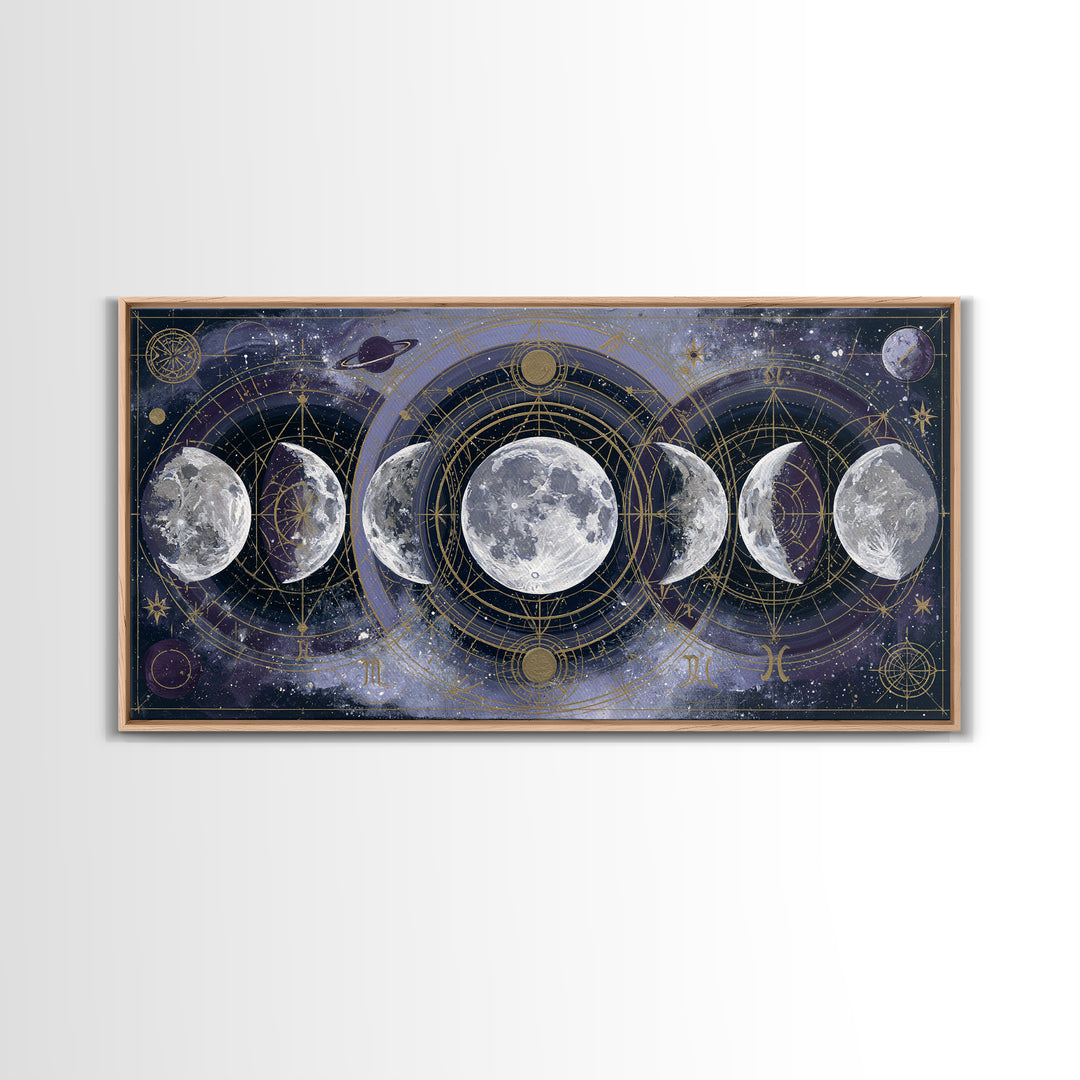 Moon Phases in Elegant Monochrome Framed Canvas Print, Space Art, Printable Wall Art, Spa Decor, Serenity, Retro Wall Art, SAR-2x1-37