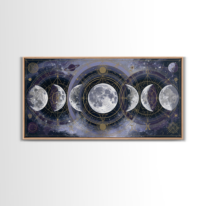 Moon Phases in Elegant Monochrome Framed Canvas Print, Space Art, Printable Wall Art, Spa Decor, Serenity, Retro Wall Art, SAR-2x1-37