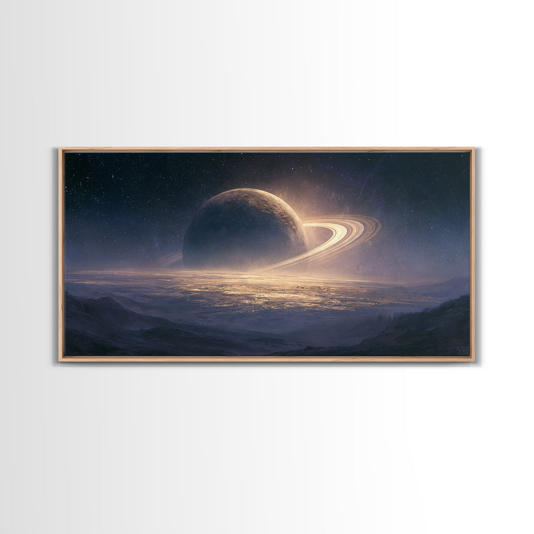 Ringed Planet Rising Framed Canvas Print, Space Art, Posters, Spa Decor, Fine Art, Serenity, Abstract Art, Printable Art, SAR-2x1-46