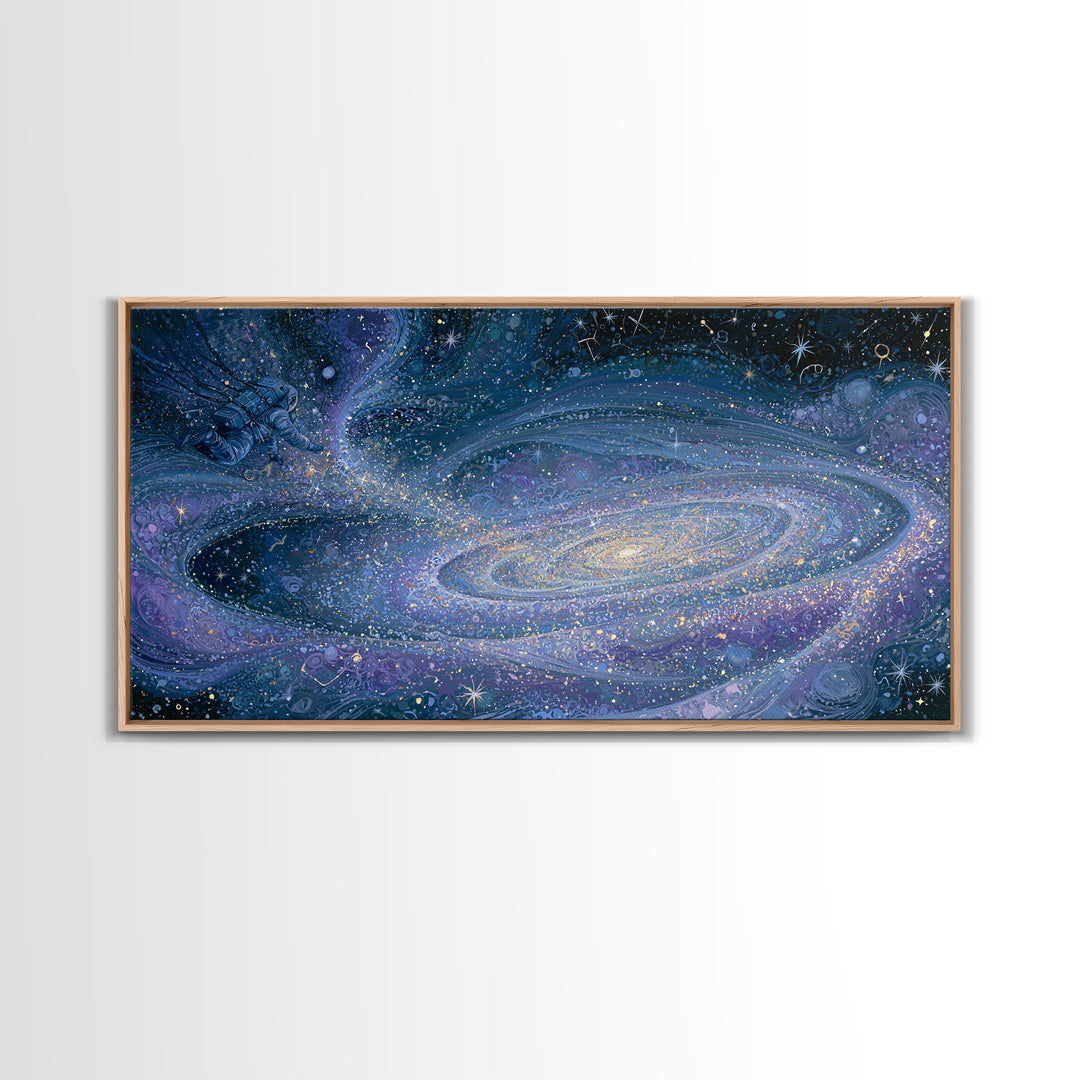 Astronaut Floating Near a Glowing Galaxy Canvas Print, Space Art, Spa Decor, Oil Painting, Serenity, Minimalist Wall Art, SAR-2x1-47