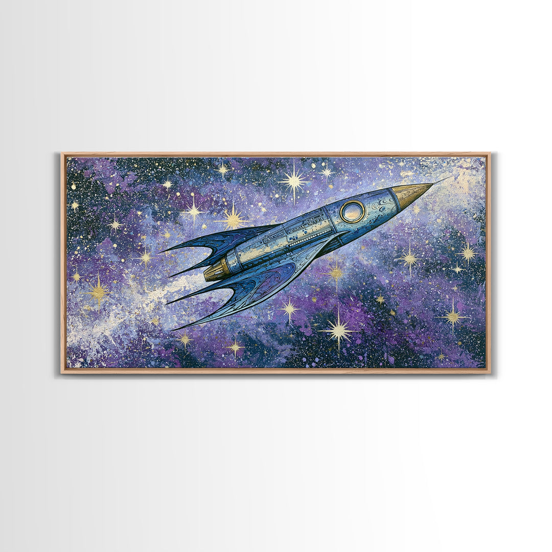 Rocket Ship Crossing a Retro Star Field Canvas Print, Space Art, Art Prints, Spa Decor, Fine Art, Serenity, Abstract Wall Art, SAR-2x1-54