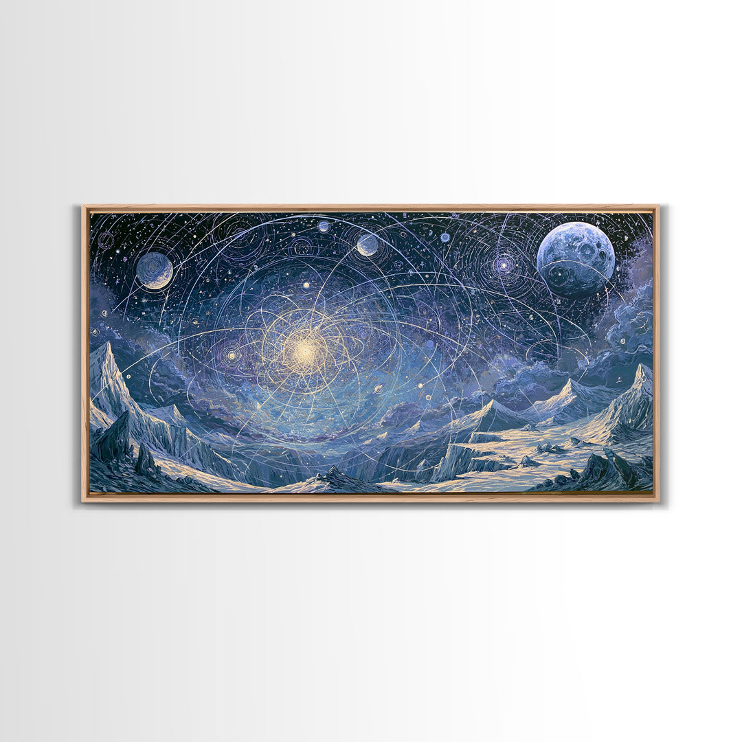 Alien Moonrise over Icy Cliffs Framed Canvas Print, Space Art, Printable Wall Art, Spa Decor, Oil Painting, Serenity, SAR-2x1-90